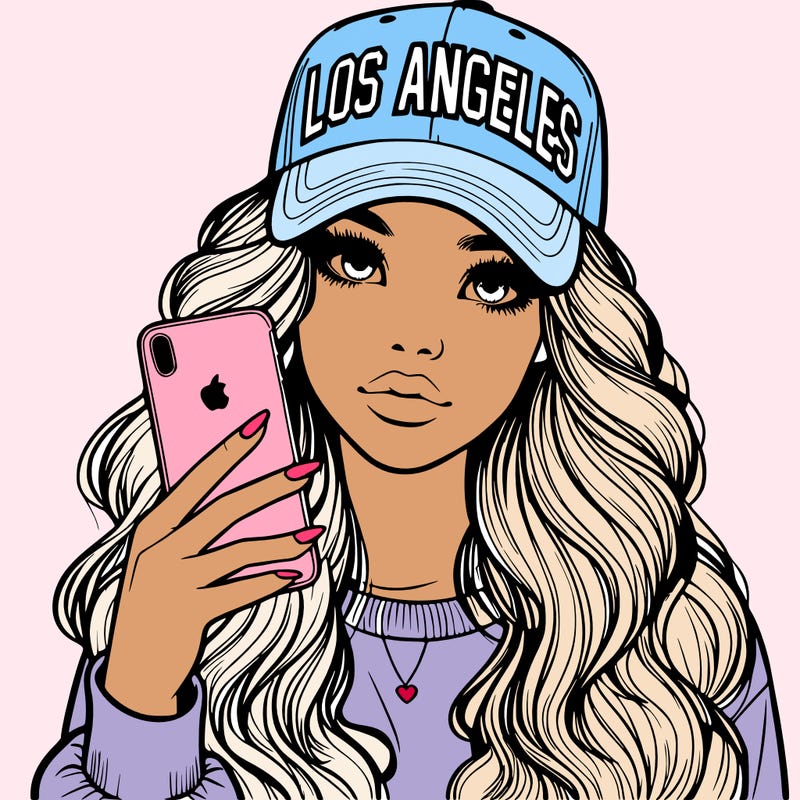 realistic beautiful girl wearing los ángeles cap holding an iphone