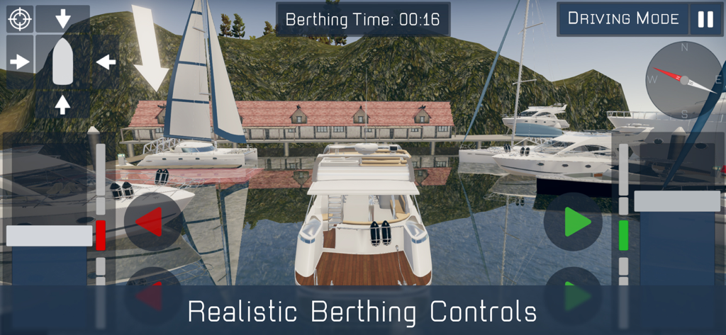 Boat Master - A yacht navigating a marina using realistic berthing and docking controls in the Boat Master simulator.