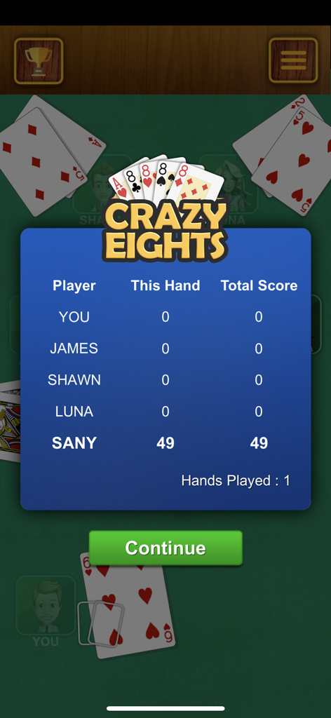 Crazy Eights - Classic Cards - Scoreboard screen showing player scores and hand count in Crazy Eights classic card game.