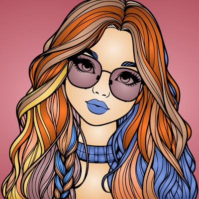 girl with long hair and freckles and glasses realistic