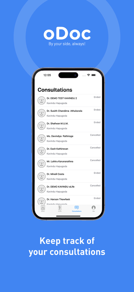 A mobile screen showing the oDoc app consultations history list