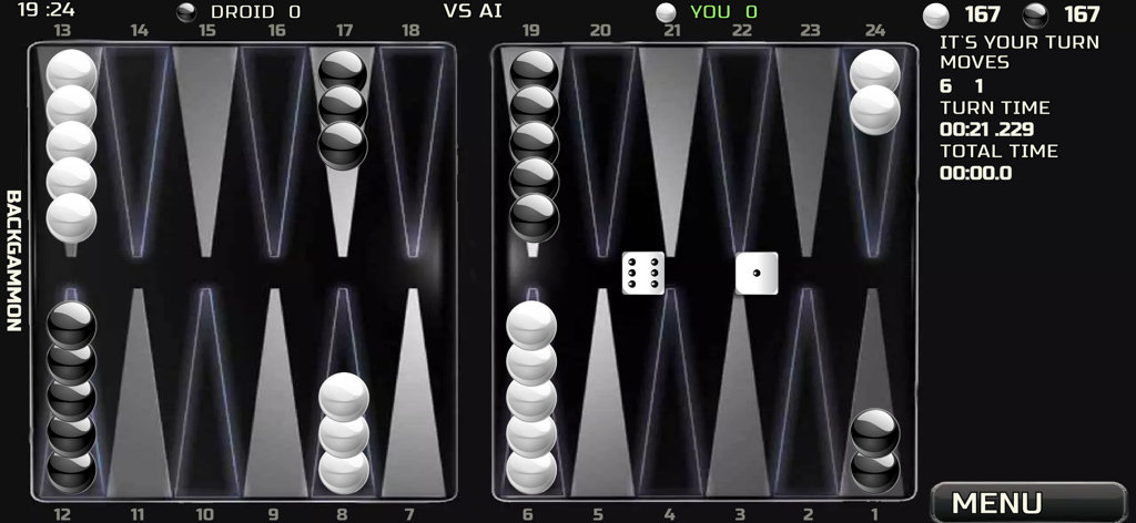 Backgammon 18 Online & Offline - A digital backgammon match against an AI opponent featuring black and white checkers on a modern board interface