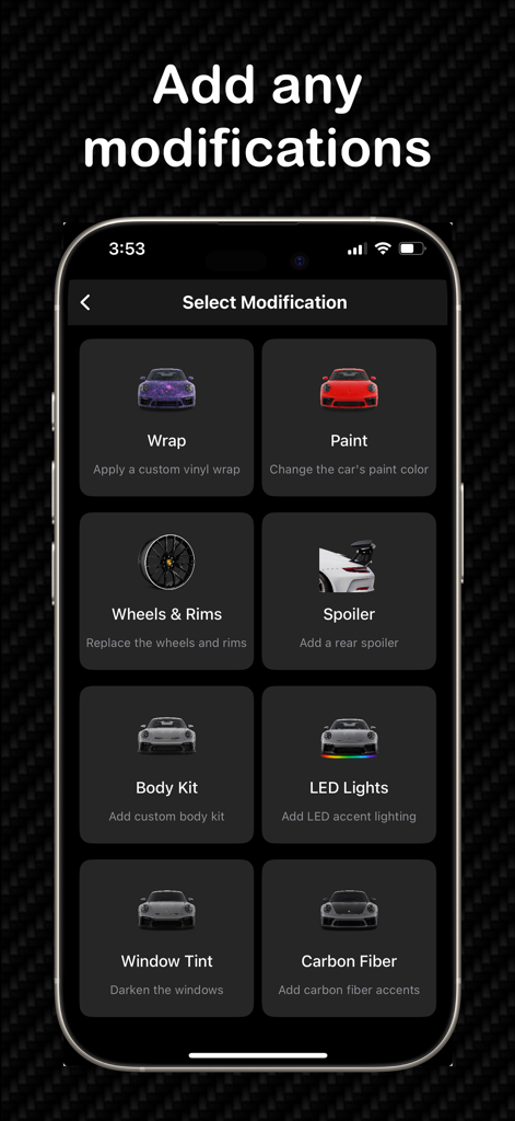 Interface de l'application AutoLab montrant une grille d'options de personnalisation de voiture, y compris les covering, la peinture, les jantes et les spoilers.