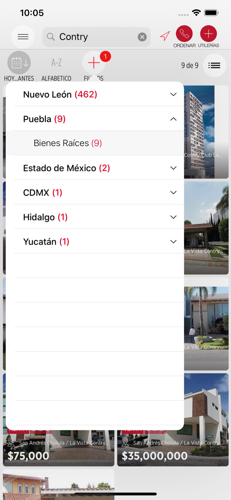 Avisos de Ocasión app screen showing real estate search results in Mexico with a location filter menu open