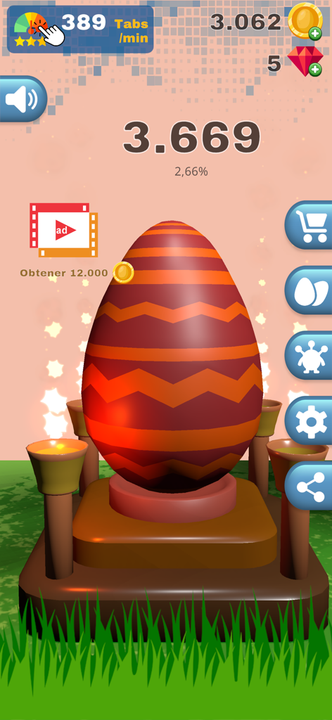 Crack Egg: Tap & Hatch Fun - A large red and orange patterned egg on a pedestal within the Crack Egg game interface featuring coins and tapping statistics