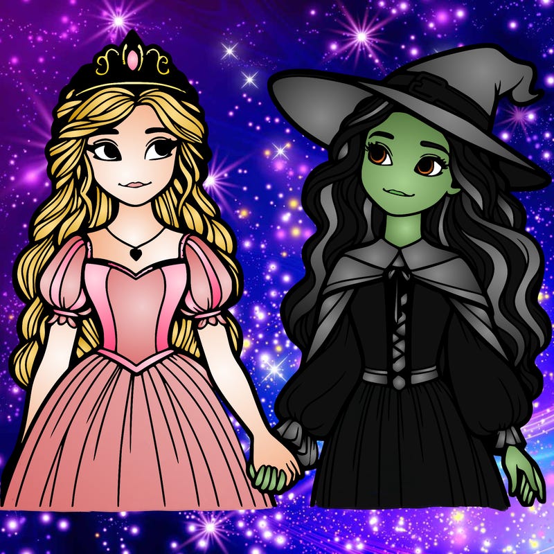 a princess and a witch holding hands realistic