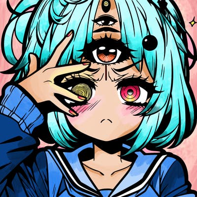 manga character girl looking in pain and her having a third eye