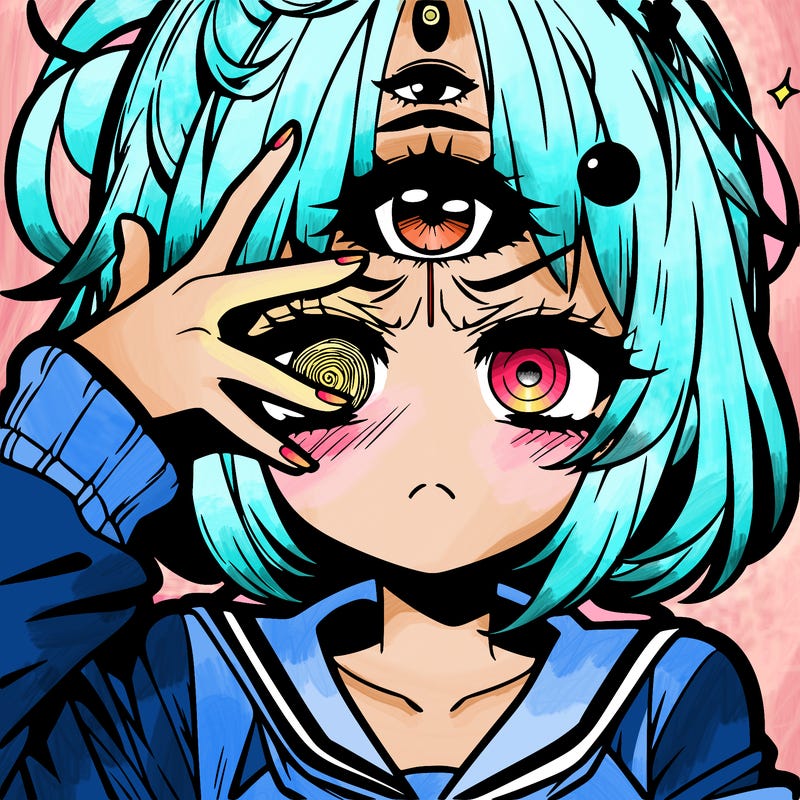 manga character girl looking in pain and her having a third eye