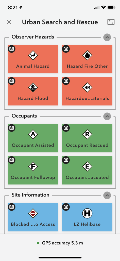 ArcGIS QuickCapture app showing Urban Search and Rescue interface with large color-coded buttons for field data entry