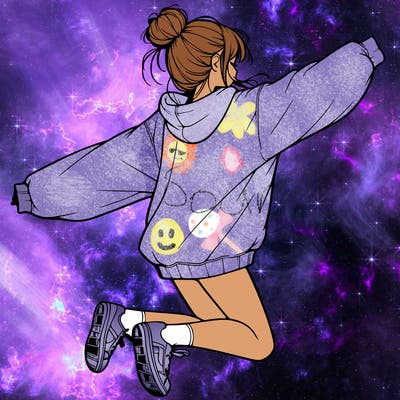realistic girl jumping with a bun and oversized sweatshirt