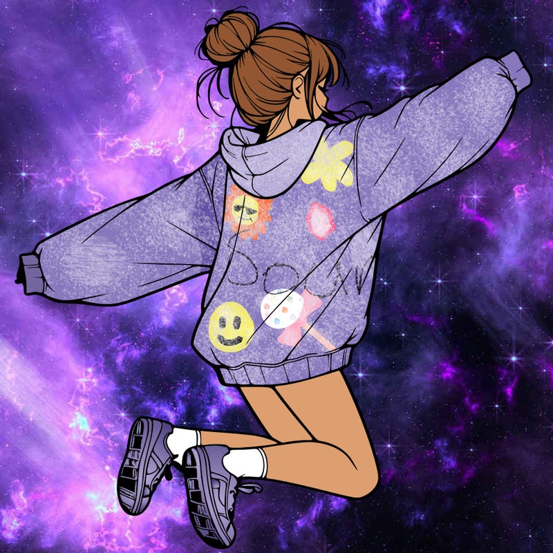 realistic girl jumping with a bun and oversized sweatshirt