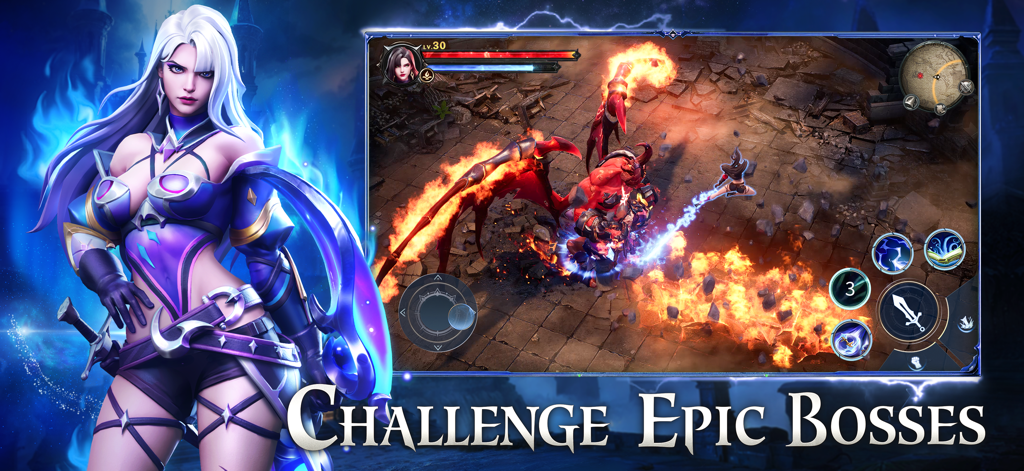 Ace Alliance: Realm of Heroes - A female hero stands next to a gameplay screen showing a tactical RPG fight against a large fire breathing boss.