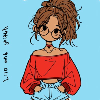 girl with a messy ponytail glasses a baggy crop top and jean shorts