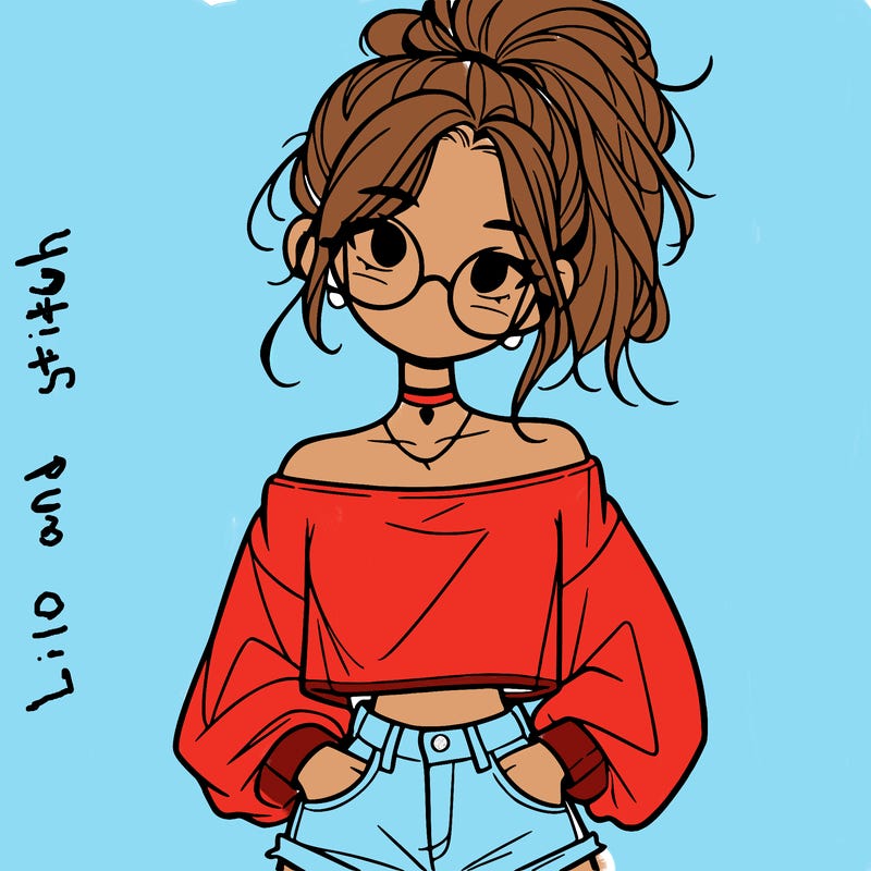girl with a messy ponytail glasses a baggy crop top and jean shorts