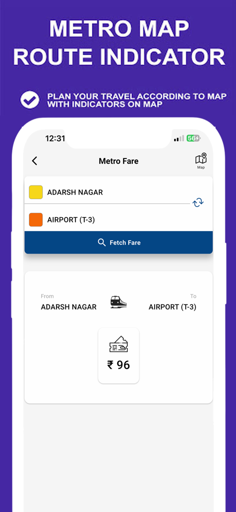 Delhi Metro app screenshot showing the fare calculation from Adarsh Nagar to Airport Terminal 3