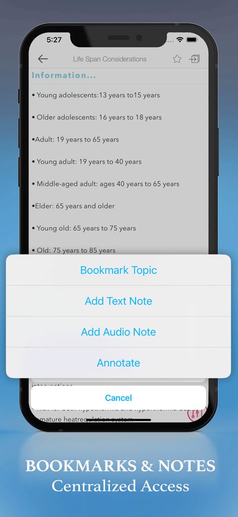 Washington Manual - Surgery - Interfaz de la aplicación Washington Manual Surgery que muestra opciones de marcadores y notas médicas.