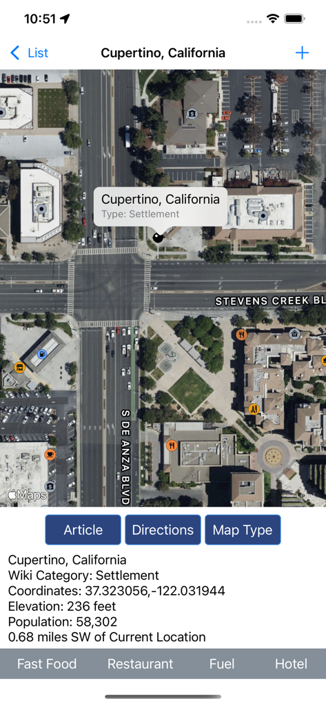 Satellitenkarte und Standortdetails für Cupertino, Kalifornien, in der WikiPal USA App