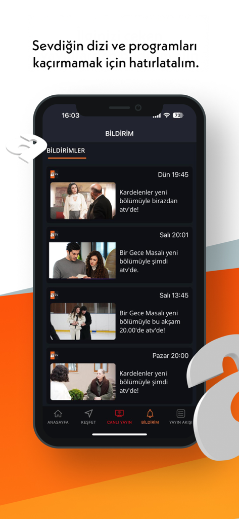 Pantalla de smartphone que muestra la lista de notificaciones para series y programas de TV turca en la app de atv.