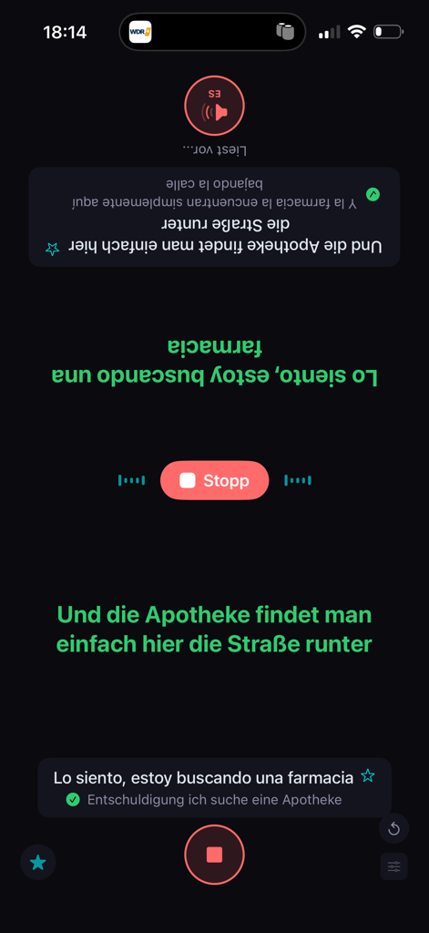 Tolki offline translator app interface showing split-screen Table Mode for a face-to-face conversation