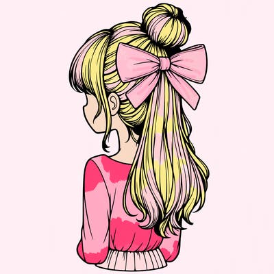 realistic girl  with hip length hair a bun and a big bow on the back of head