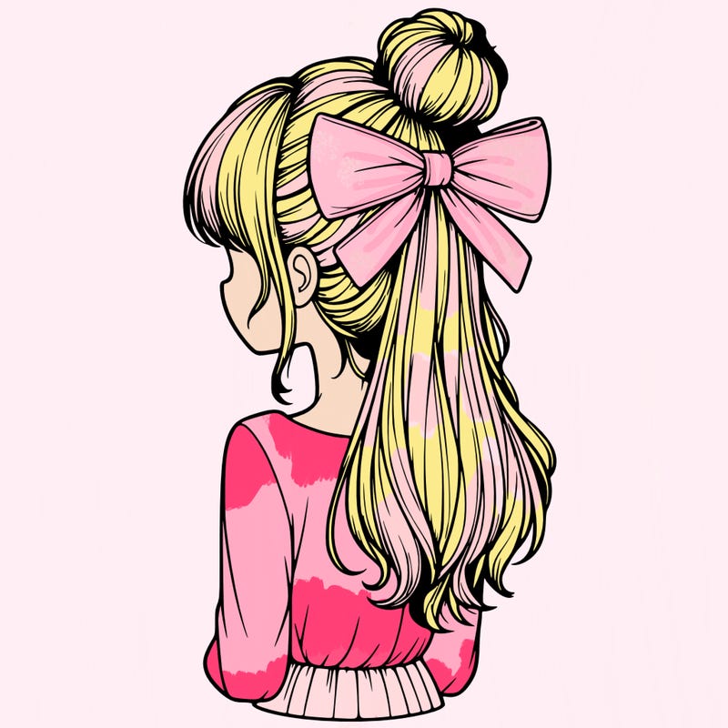 realistic girl  with hip length hair a bun and a big bow on the back of head