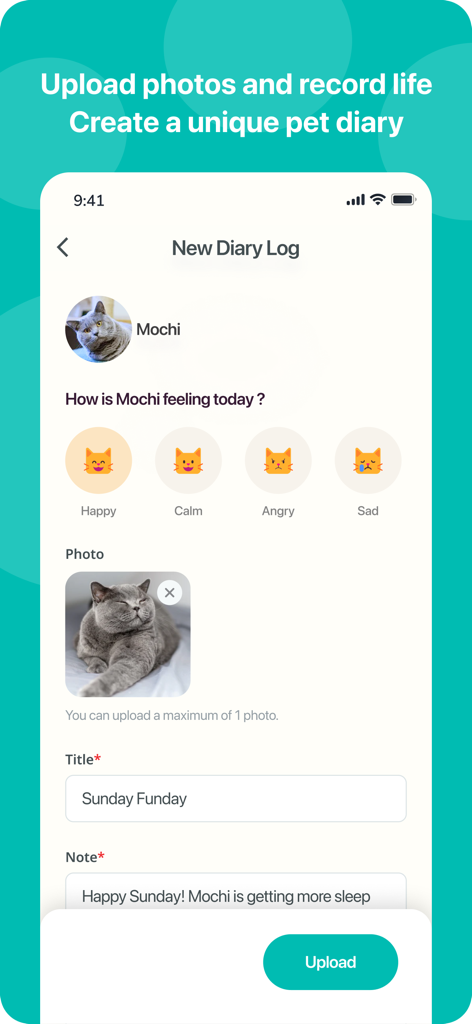 PawBook- Pet Diary - PawBook app interface showing a new diary log for a cat named Mochi with mood selection and photo upload