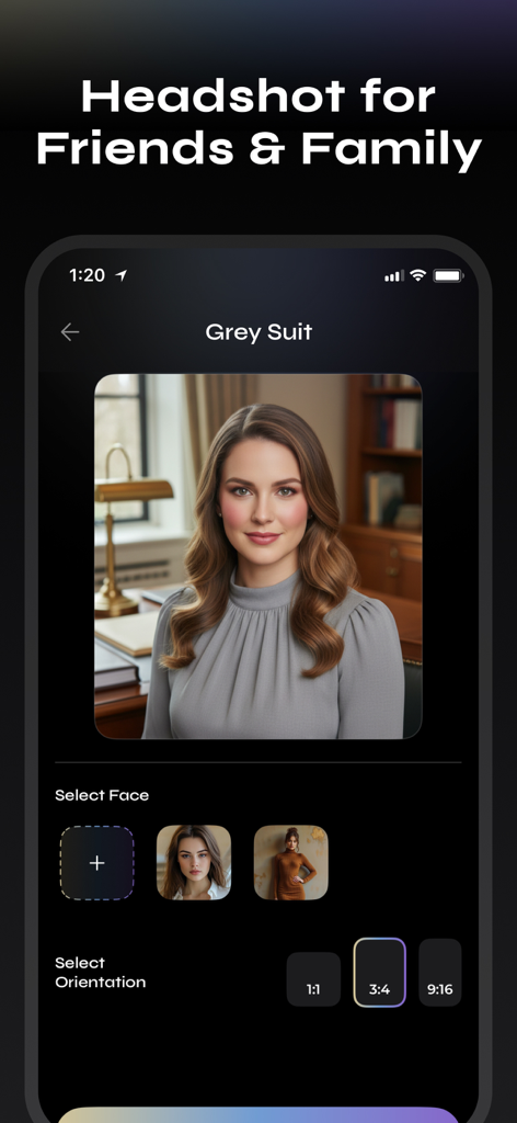 AI Professional Headshot - HS9 - Interface do aplicativo HS9 mostrando um retrato profissional gerado por IA de uma mulher em um terno cinza com opções de orientação e seleção de rosto