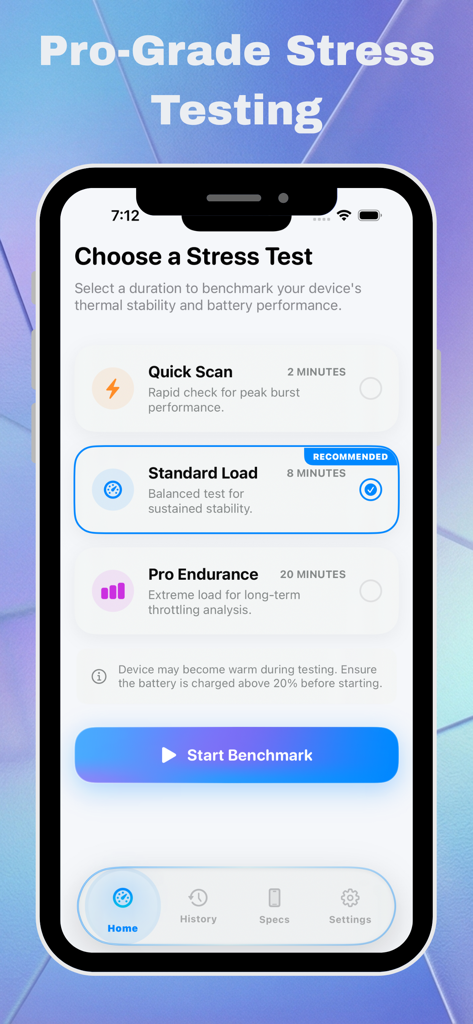 Battery Life Health: Pro Check - Interface of Battery Life Health app showing options for Quick Scan Standard Load and Pro Endurance stress tests