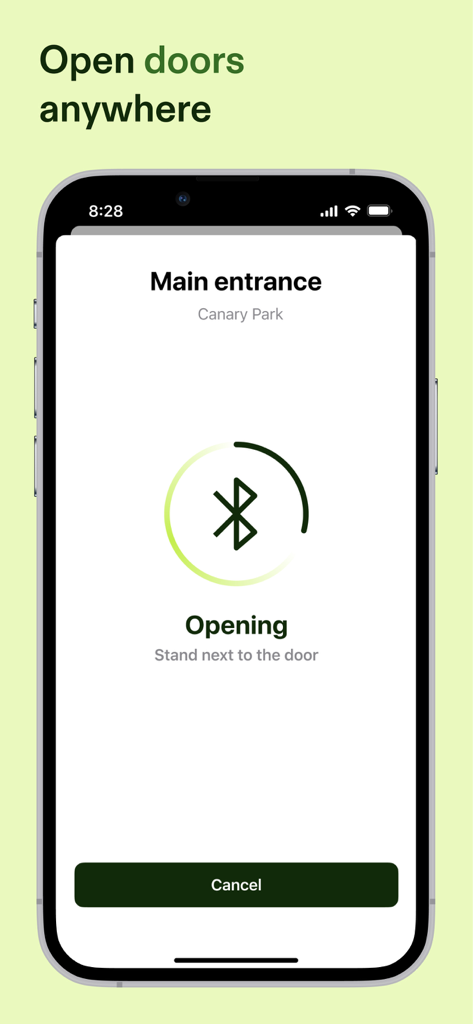 Unloc. - Smartphone screen showing the Unloc app opening a main entrance door using Bluetooth