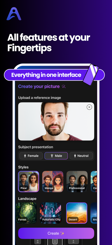 AI Avatar Generator & Animator - Interface of the AI Avatar app showing photo upload and style selection.