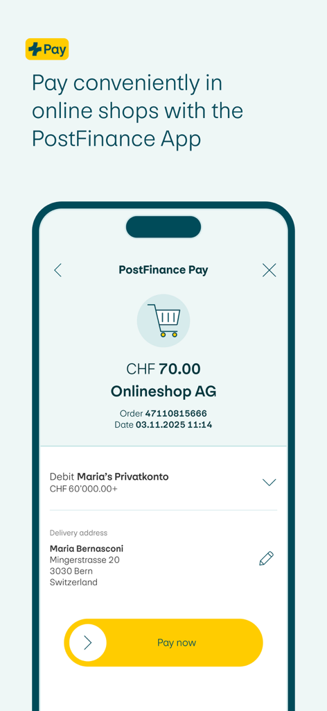 PostFinance App checkout screen for an online payment of CHF 70 with a Pay now slider.