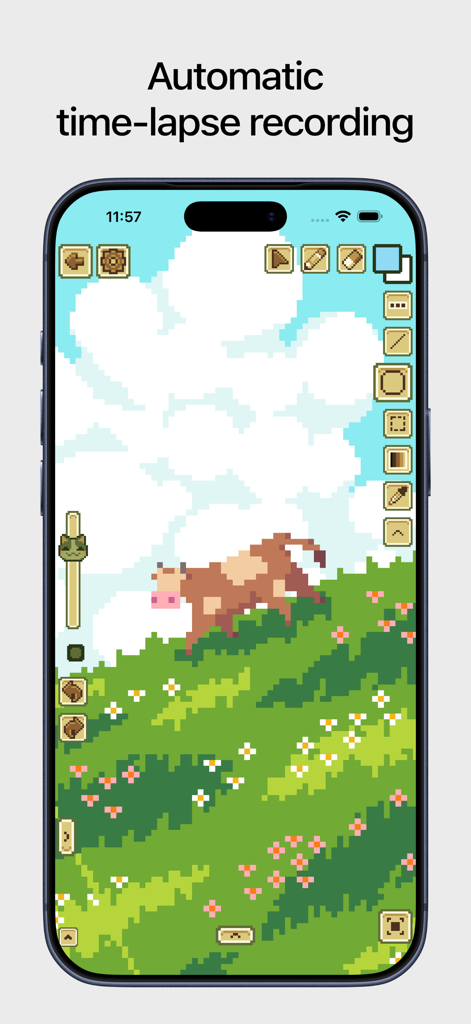 Pixquare app interface showing automatic time-lapse recording of a pixel art cow on a grassy hill