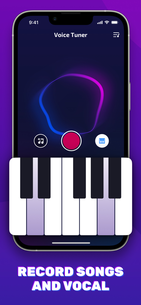 Voice Tuner — AI Vocal Changer - Benutzeroberfläche der Voice Tuner App mit einem Aufnahmeknopf und einer Klaviertastatur für Gesangsspuren
