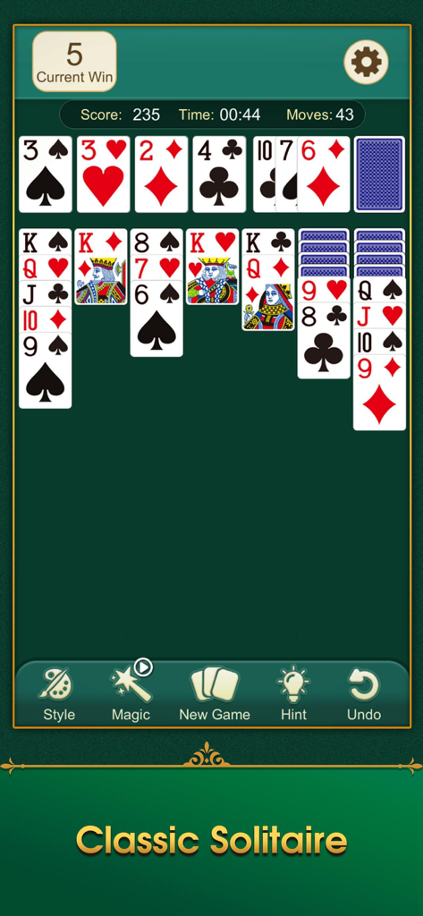 Gameplay interface of Solitaire MasterCell showing a classic card game layout on a green tabletop