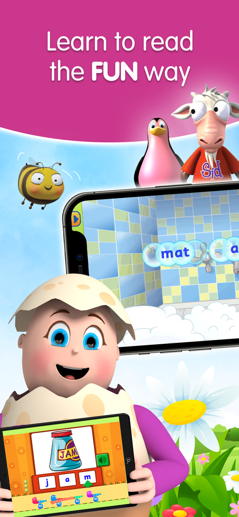 A child-friendly interface showing animated characters and interactive reading lessons on a smartphone and tablet.