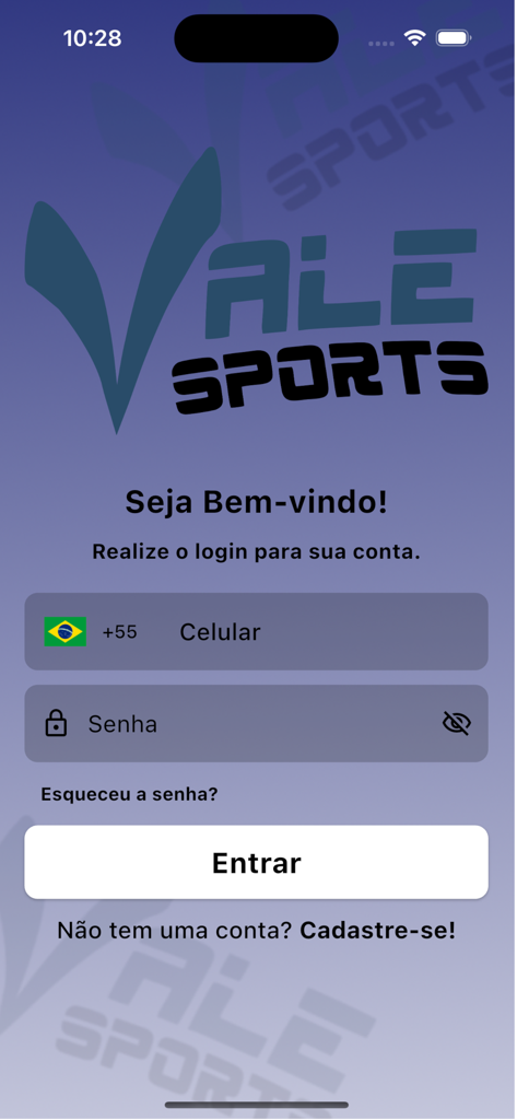 Vale Sports - Vale Sports mobile app login screen featuring fields for phone number and password with a welcome message in Portuguese.