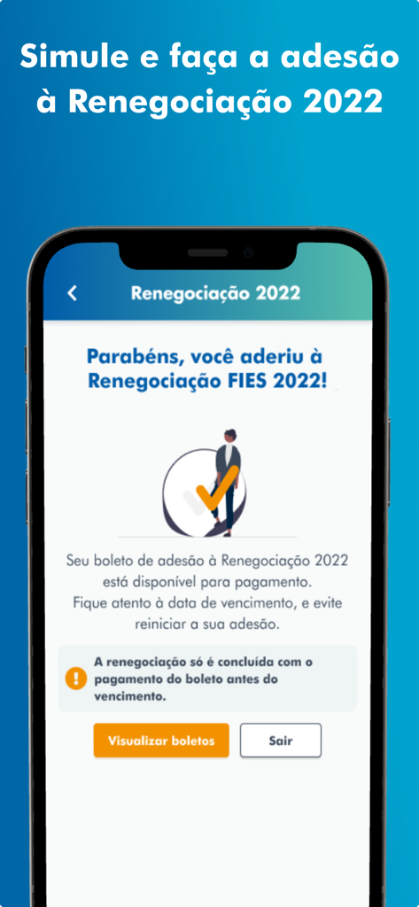 Aplicativo Fies Caixa mostrando confirmação para renegociação de empréstimo estudantil