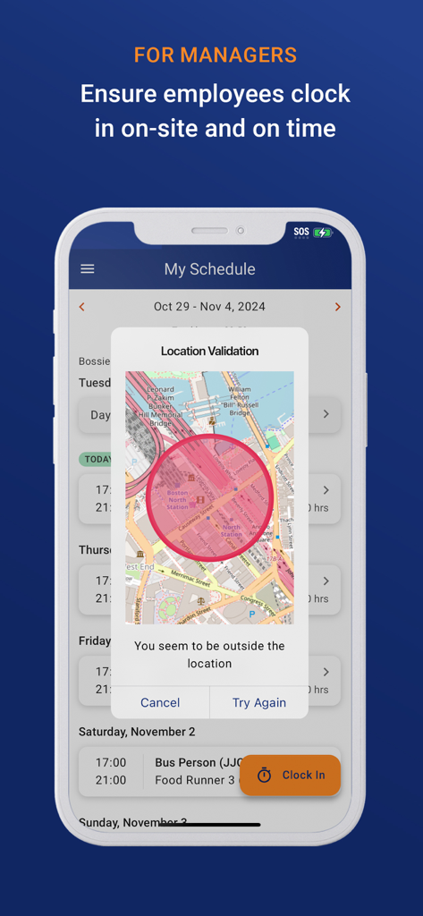 Vista del manager dell'app Crunchtime Teamworx che mostra una mappa di validazione della posizione per l'entrata dei dipendenti.
