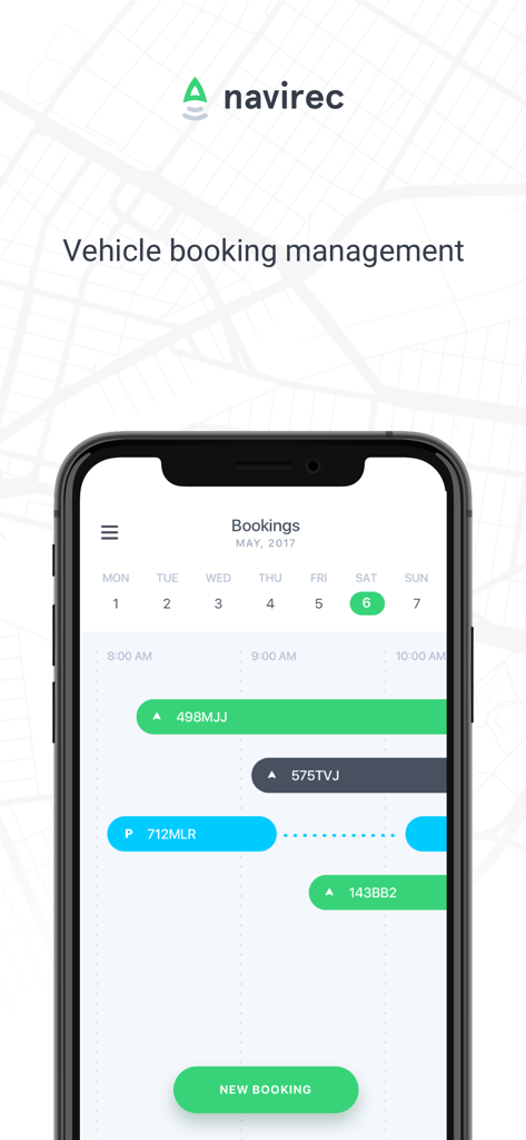 Navirec - Navirec mobile app interface showing vehicle booking management calendar