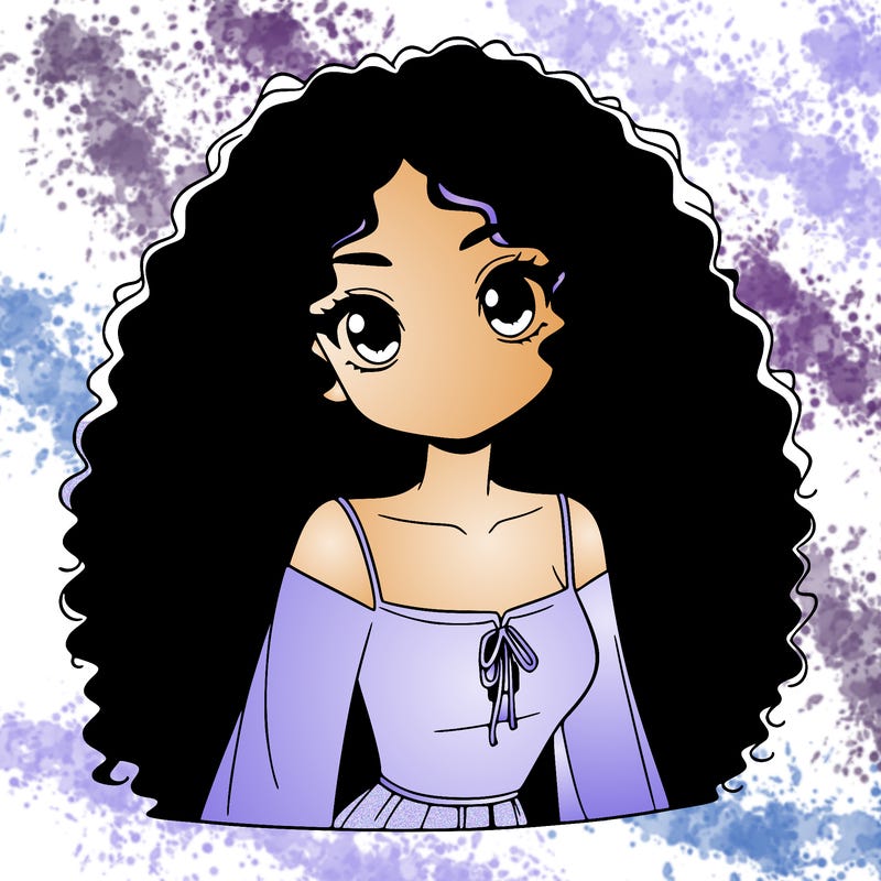 a black anime girl with long afro hair