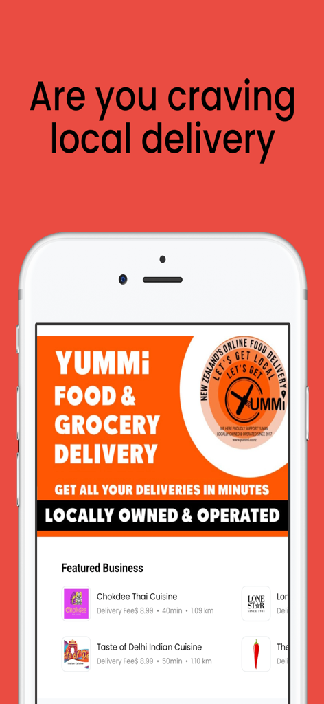 YUMMi locally owned food and grocery delivery app interface showing featured local businesses