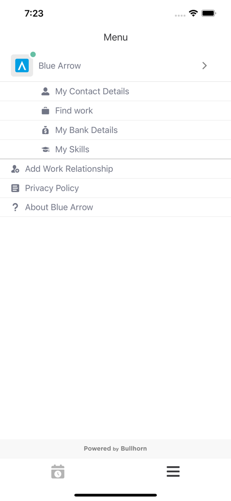 Menú principal de la aplicación de búsqueda de empleo Blue Arrow que muestra la configuración del perfil y la navegación laboral