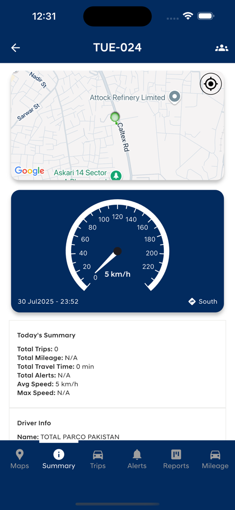 PX App-Dashboard mit Echtzeit-Fahrzeugstandort auf einer Karte, einem Tacho bei 5 km/h und einer Zusammenfassung der täglichen Flottenstatistiken.