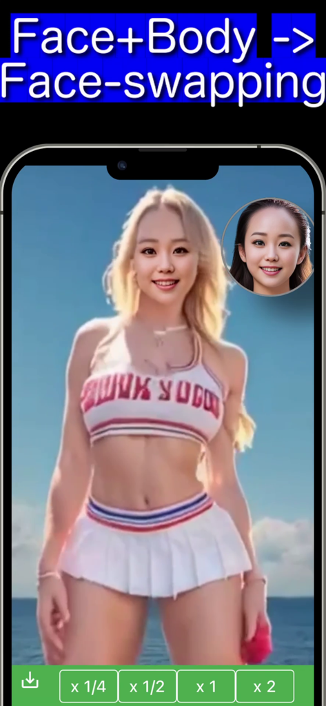 a1u1: Face Swap Collage.Click - Mobile app interface showing a face and body swap edit of a woman in a cheerleader outfit with a face selection tool.