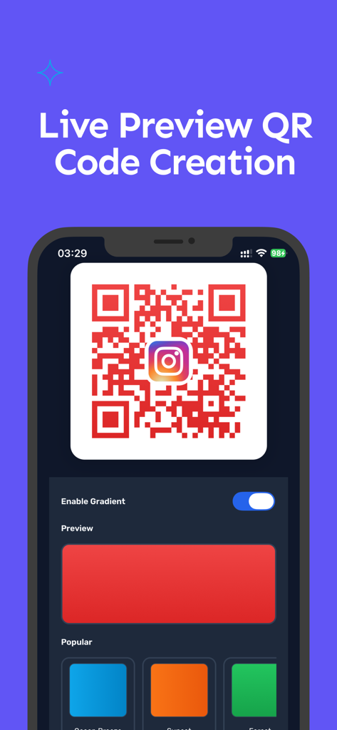 QR Scanner - Fast Code Reader - Interfaz móvil que muestra una vista previa en vivo de la creación de un código QR rojo personalizado con un logo de Instagram y opciones de estilo de color.