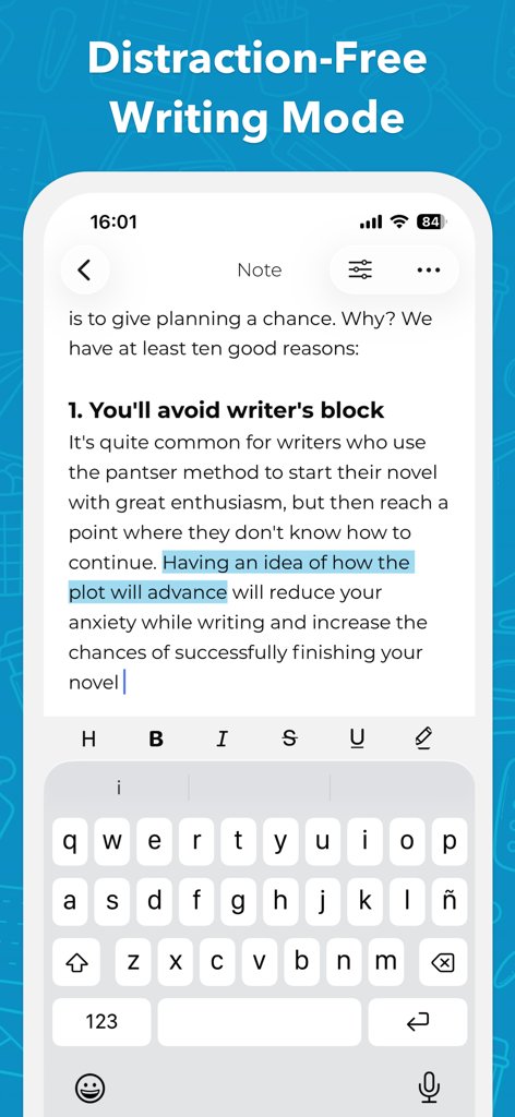 Story Planner app interface displaying distraction free writing mode on an iPhone