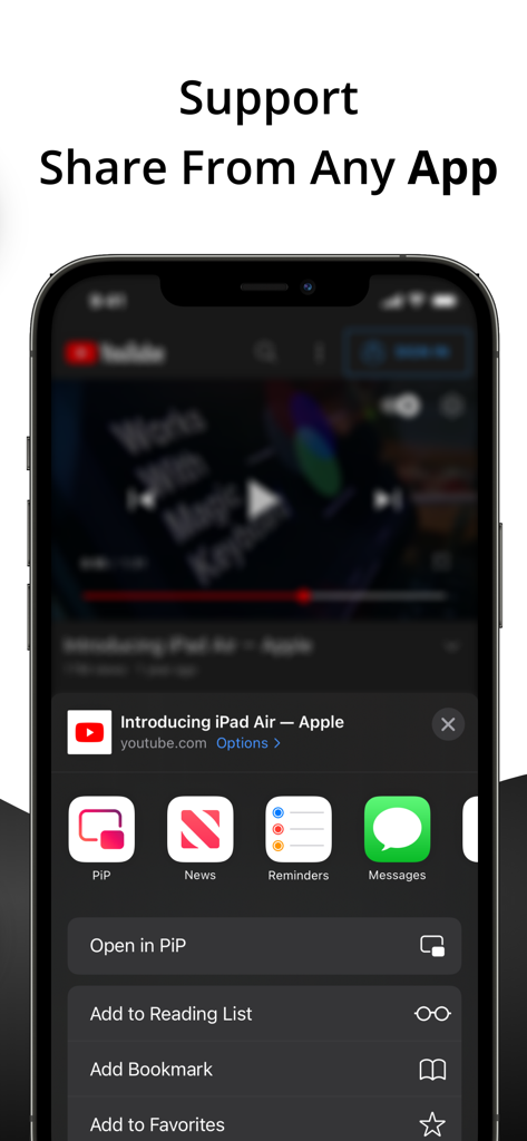 Hoja de compartir de iPhone mostrando la opción Abrir en PiP para un video de YouTube