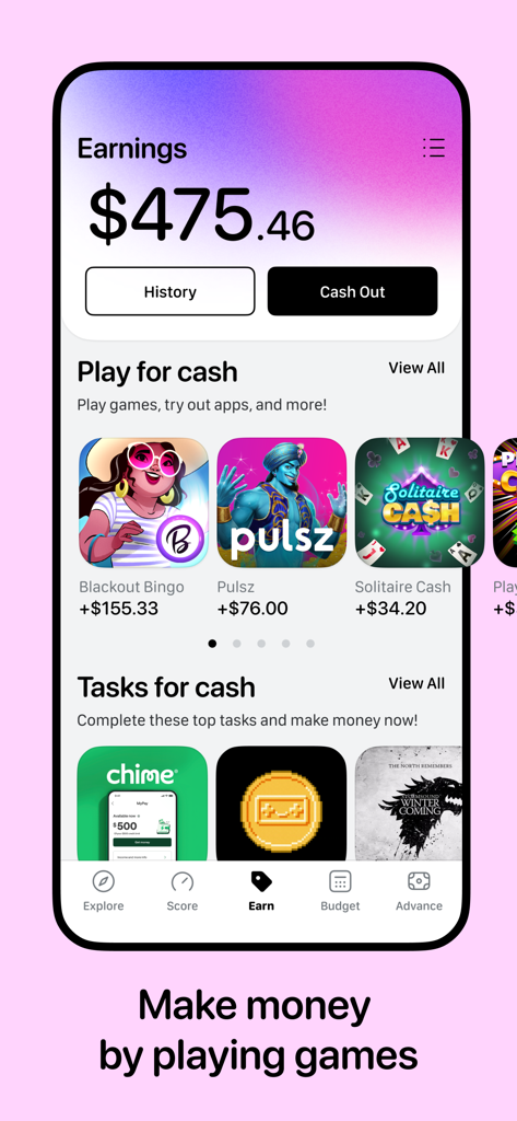 Earnings dashboard of the True Finance app showing cash rewards from playing games like Blackout Bingo and Solitaire Cash.