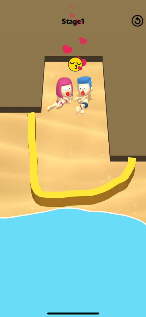 stop the flow! - rescue puzzle - Uno screenshot di gioco della Fase 1 di stop the flow rescue puzzle dove viene disegnata una linea gialla per proteggere i personaggi su una spiaggia dall'acqua