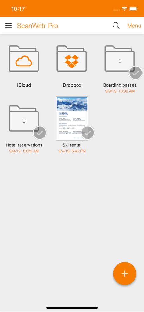 ScanWritr Pro - ScanWritr Proモバイルアプリのインターフェースで、整理されたドキュメントフォルダとクラウドストレージ同期オプションが表示されている様子
